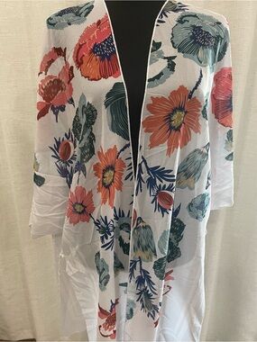 Sheer Floral Kimono Cardigan - White with Coral & Teal Flowers